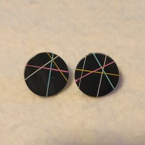 Vintage‎ Unsigned 1980s Style Black Acrylic With Neon Stud .75" Round Earrings